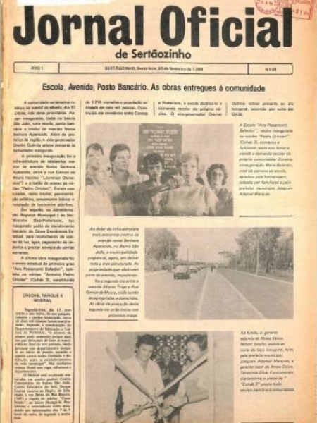 Imagem da edição de nº 01 do Jornal Oficial do Município, publicada no dia 24 de fevereiro de 1984, e que é um dos arquivos disponíveis para consulta no site da Prefeitura